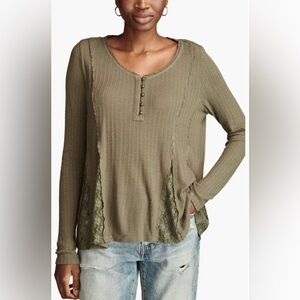 NWT Lucky Brand Lace Godet Swing Henley Top Waffle Knit Olive Green Size S
